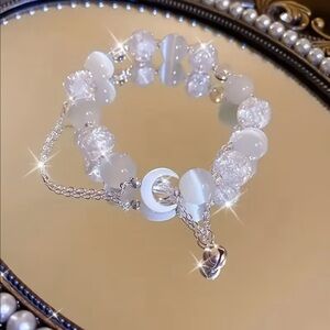 Moonstone Silver and White Beaded Bracelet